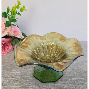 Vintage Millersburg Peacock Green Carnival Glass 6" Ruffled Edge Candy‎ Dish